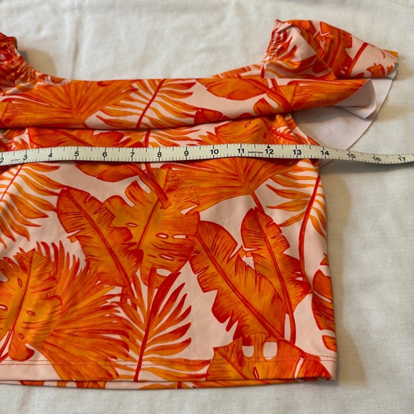 Kortni Jeane Small Orange Tropical Floral Ruffled Off Shoulder Swim Tankini Top - Picture 4 of 6